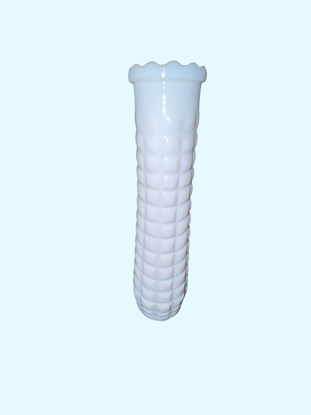 Vintage White Milk Glass Ribbed Bud Vase Scalloped Rim Mid Century